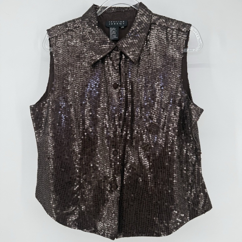 Vintage 90s Spencer Jeremy Brown Sequin 100% Silk Sleeveless Button Vest Size 14